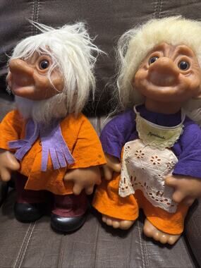 Vintage 1977 Thomas Dam Denmark Large 13" Grandma & Grandpa Trolls Dolls
